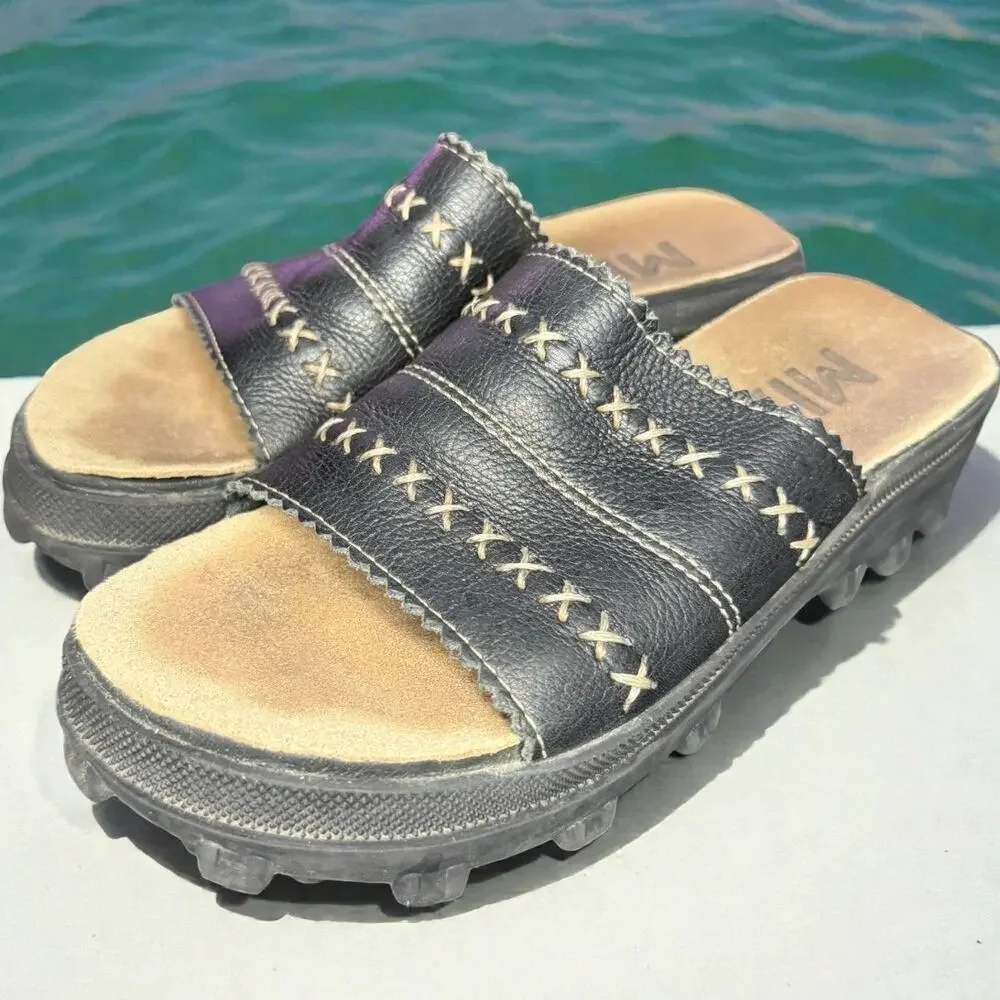 MIA Y2K Chunky Platform Sandals Black Leather Womens 7 Lug Sole Retro Slides